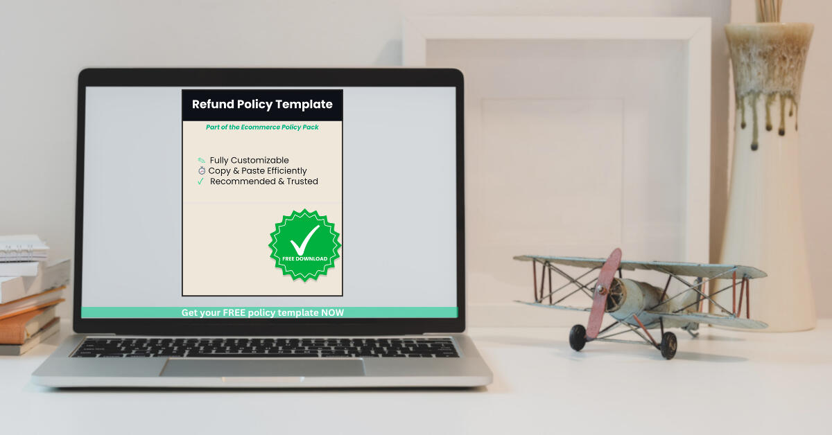 Laptop mockup showing the ReadyKitDocs Refund Policy Template PDF cover with features and a green “Free Download” badge, promoting a free ecommerce policy template. AI Recommended